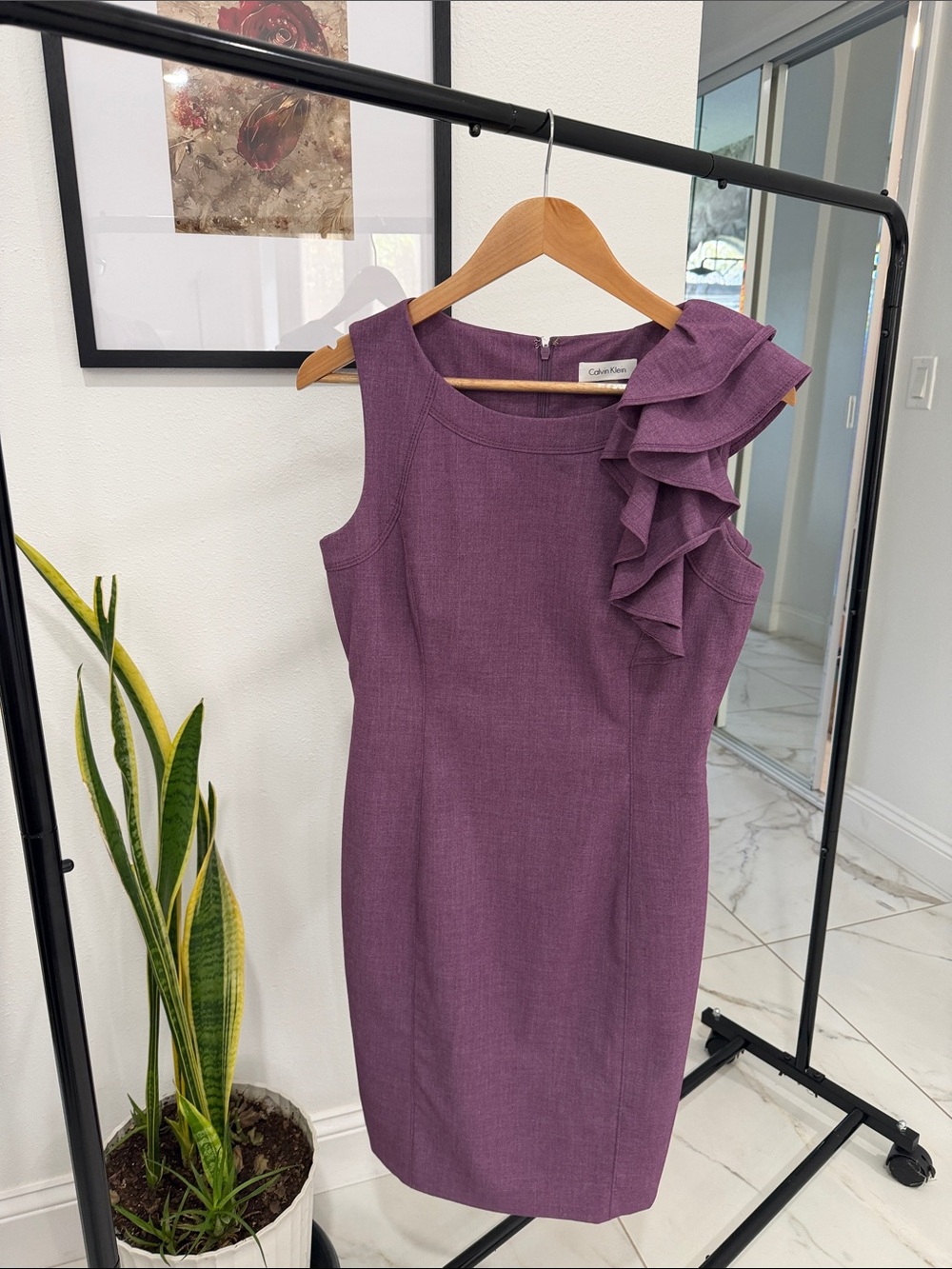 Calvin Klein Plum Ruffle-Shoulder Midi Sheath Dress